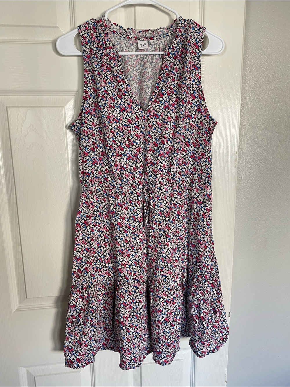 GAP Pink Multi Ditsy Floral Sleeveless Drawstring Dress